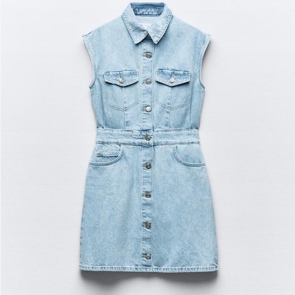 Zara Dresses & Skirts - Zara NWT Light Wash Denim Mini Dress Button Front Utility Size L